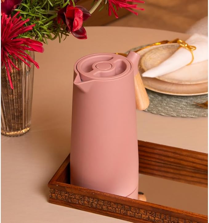 WOLFF - Thermal Coffee Carafe – 34oz/1L Insulated Food-Safe Plastic Exterior and Glass Liner, Wood-Style Handle – Keeps Drinks Hot or Cold for Hours, Coffee and Tea Dispenser - Nude Pink, 34floz/1L