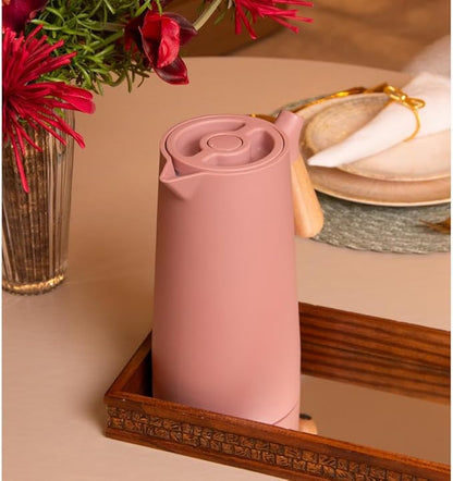 WOLFF - Thermal Coffee Carafe – 34oz/1L Insulated Food-Safe Plastic Exterior and Glass Liner, Wood-Style Handle – Keeps Drinks Hot or Cold for Hours, Coffee and Tea Dispenser - Nude Pink, 34floz/1L
