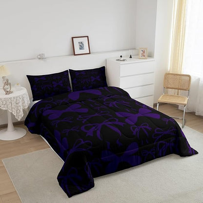 Feelyou Cute Bowknot Bedding Set Boys Girls Full Size Bow Comforter Set for Kids Women Men Ultra Soft Purple Girls Bow Comforter Lovely Duvet Set