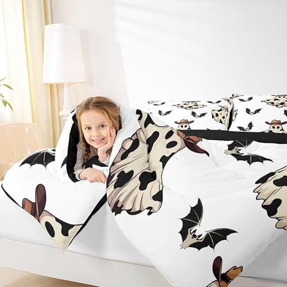 Erosebridal Cowboy Ghost Comforter Set Twin for Boys, Horror Halloween Decor Bedding Set Gothic Bat Comforter, Black Bat Quilt with 1 Pillow Case for Kids Girls Teens Women Men Bedroom