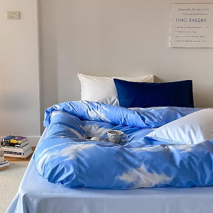 KAREVER Blue Cloud Comforter Set Cal King Size Sky Theme Bedding Women 3 Pieces Soft Light Blue California King Plus Size Bed Blanket Set All Season