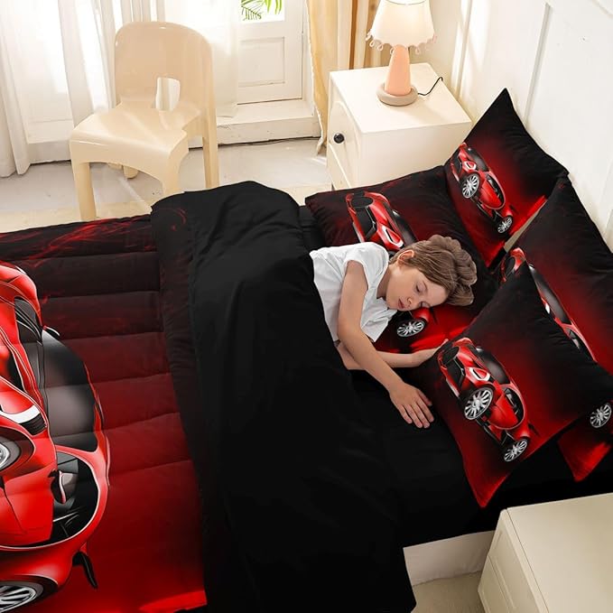 Feelyou Sports Car 7 Piece Bedding Set Red Race Car Comforter Set with Sheets for Kids Boys Girls Extreme Sports Theme Bed in a Bag Cool Speed Luxury Car Decor Bed Set with 2 Pillowcases Full