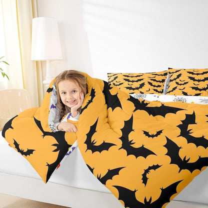 Erosebridal Halloween Bat Toddler Comforter Gothic Orange Bat Bedding Set Spooky Goth Animal Duvet Insert Horror Halloween Bed Sets for Kids Teens Adults