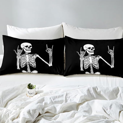 Erosebridal Gothic Skull Bedding Set Full, Halloween Rock Roll Music Hippie Posing Skeleon Comforter Set, Black Comforter, Funny Skull Skeleton Victory Quilt with 2 Pillowcases