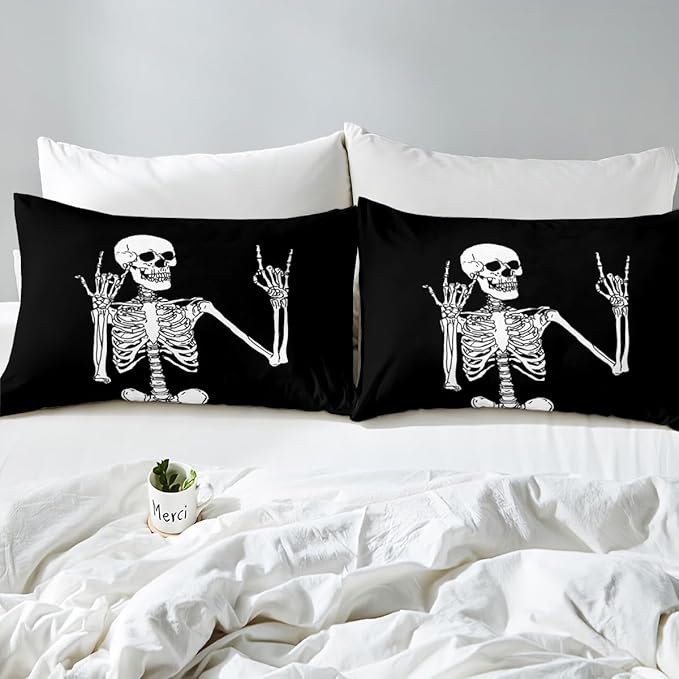 Erosebridal Gothic Skull King Size Comforter Set, Halloween Rock Roll Music Hippie Posing Skeleon Bedding Set, Black Comforter, Funny Skull Skeleton Victory Quilt with 2 Pillowcases