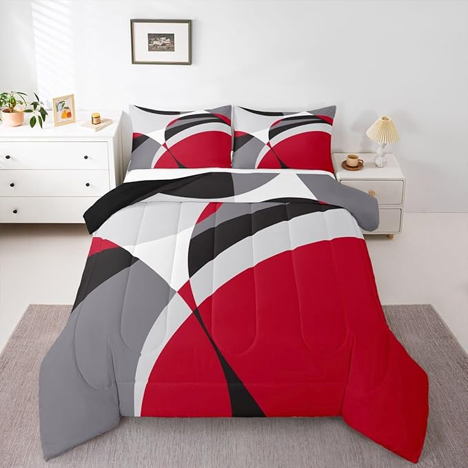 Erosebridal Abstract Comforter Twin Geometric Bedding Set, Stripe Bedding Comforter Sets Modern Duvet, Red Grey Black White Quilted Comforter Lightweight Microfiber 2 Pieces with 1 Pillowcase