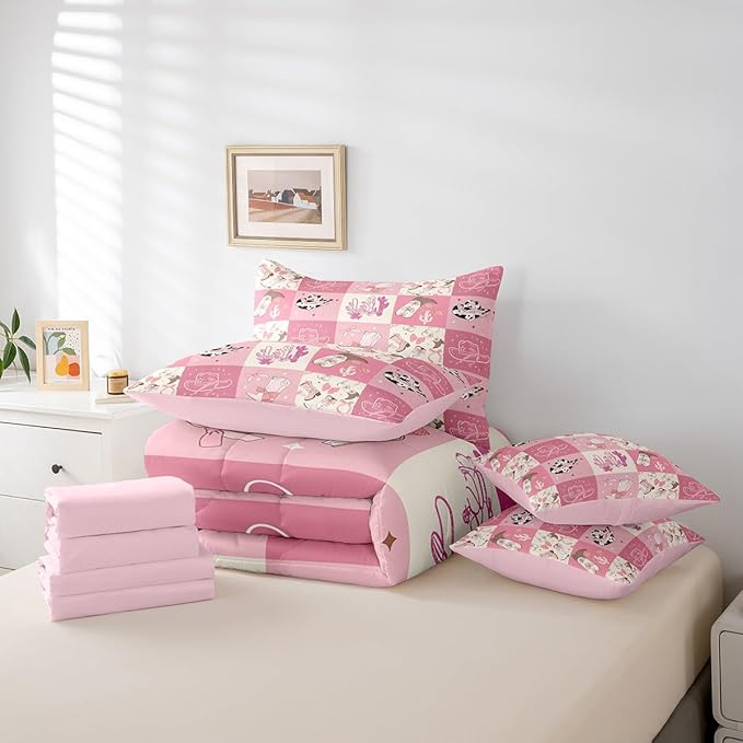 Feelyou Pink Western Decor Comforter Set with Sheets Twin Size Kids West Cowboy Plaid 7 Pieces Bedding Set for Boys Girls Teens Rodeo Cowboy Grid Bed in a Bag Grunge Design Bed Set Cactus