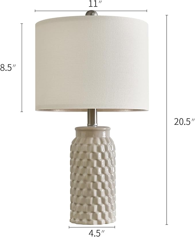 20.5" Set of 2 Bedside Table Lamps Modern Cream Honeycomb Ceramic - Linen Shade, E26 Knob Switch for Living Room, Bedroom & Nightstand
