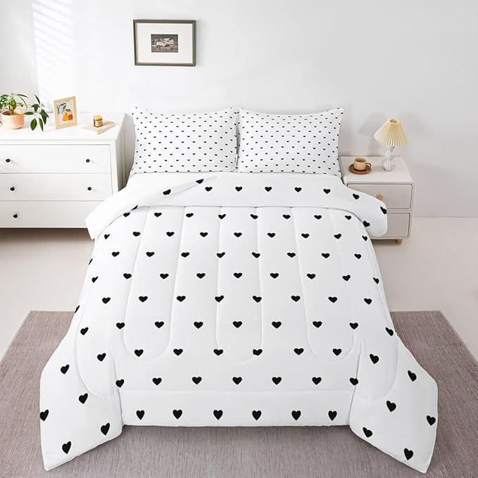 Erosebridal White Black Comforter Set Cute Heart Pattern Bedding Set Girly Cartoon Love Geometric Down Comforter Queen Size Cute Quilt Set for Kids Girls Boys Teens Bedroom Decor Soft Duvet Set