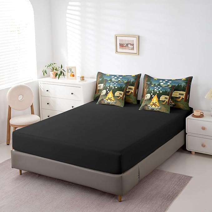 Erosebridal Rv Camper Twin Bedding Set, Happy Camping Bed in A Bag,Wild Campfire Comforter Sets with Sheets, Rustic Starry Night 7 Pieces Bed Set Bedroom Decor