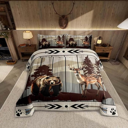 Feelyou Cute Bear Comforter Set Wild Animal Pattern Bedding Set for Teens Deer Wildlife Bear Bedding Set Western Farmhouse Grey Duvet Set Room Decor King Size Duvet Set 3Pcs