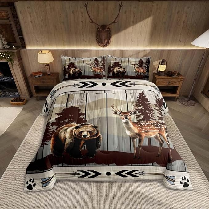 Feelyou Cute Bear Comforter Set Wild Animal Pattern Bedding Set for Teens Deer Wildlife Bear Bedding Set Western Farmhouse Grey Duvet Set Room Decor Twin Size Duvet Set 2Pcs