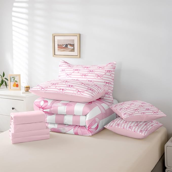 Erosebridal Bowknot Pink Bow Stripe Girly King 7-Piece Comforter Set | Dreamy White Geometric Sheets and Pillowcases Ribbon Cute Kawaii Bed in A Bag Kids Teens Women Bed Sets