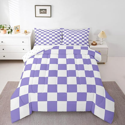 Feelyou Checkered Retro Comforter Set King Size Purple Plaid Bedding Set for Kids Boys Girls Geometric Vintage Duvet Quilt Modern Simple Groovy Aesthetic Bedroom Decor 3 Pcs with 2 Pillow Cases