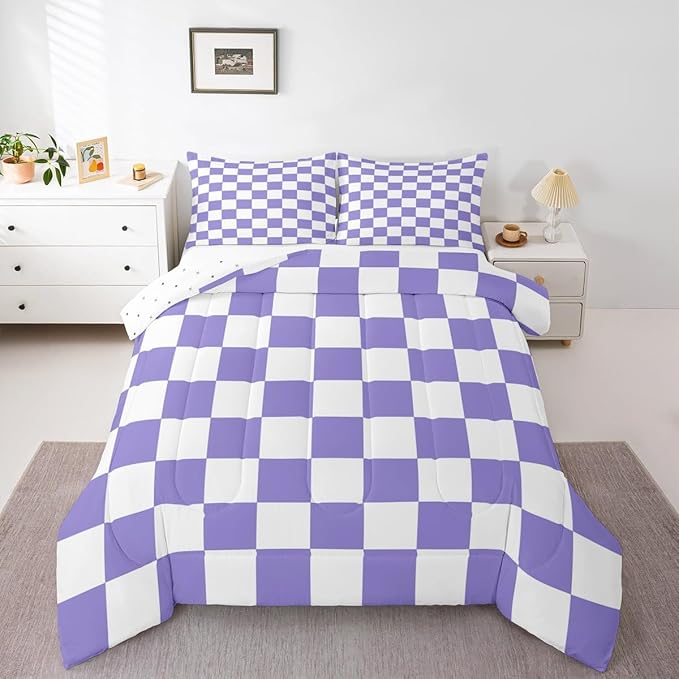Checkered Retro Comforter Set Full Size Purple Plaid Bedding Set for Kids Boys Girls Geometric Vintage Duvet Quilt Modern Simple Groovy Aesthetic Bedroom Decor 3 Pcs with 2 Pillow Cases
