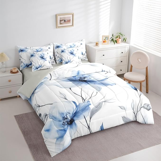 Erosebridal Blue and Grey Queen Comforter Set with Sheets,Boho Watercolor Floral 7 Piece Bedding Set | Ink Painting Style Blossom & Leaf Bed in A Bag with Flat and Fitted Sheet for Elegant Bedroom