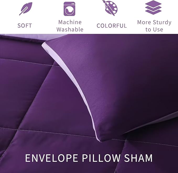 Exclusivo Mezcla Lightweight Reversible Queen Size Comforter Set, Down Alternative Comforter with 2 Pillow Sham, Queen Size Bedding Set for All Seasons, Deep Purple/Lilac