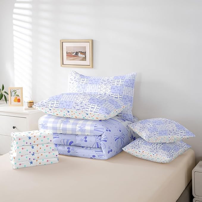 Feelyou Purple Bow Comforter Set with Sheets Full Size Kids Bowknot Plaid 7 Pieces Bedding Set for Boys Girls Teens Gift for Girls Women Grid Bed in a Bag Breathable Princess Décor Bed Set