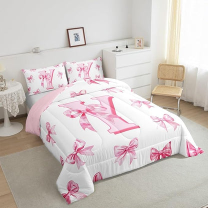 Erosebridal Initial Y Letter Comforter Set Kawaii Princess Bowknot Girls Toddler Bedding Set Dreamy Romantic Bow Bedding Comforter Sets Princess Style Bowknot Quilt Duvet for Kids Teen Women