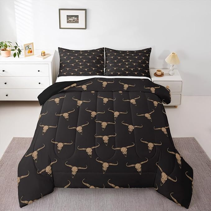 Erosebridal Bull Skull Comforter Set Toddler Ethnic Bohemian Bedding for Men Boys | Tribal Steer Skull Wildlife Aztec Bedroom Decor Farmhouse Cabin Lodge Duvet Insert with 1 Pillow Case,Black Brown