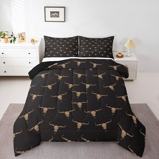 Erosebridal Bull Skull Comforter Set Toddler Ethnic Bohemian Bedding for Men Boys | Tribal Steer Skull Wildlife Aztec Bedroom Decor Farmhouse Cabin Lodge Duvet Insert with 1 Pillow Case,Black Brown