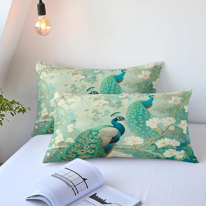 Oriental Peacock Comforter Set Full Size, Green Bird Floral Bedding Set, 3 Pieces Asian Bedroom Decor with 2 Pillowcases/79 * 90