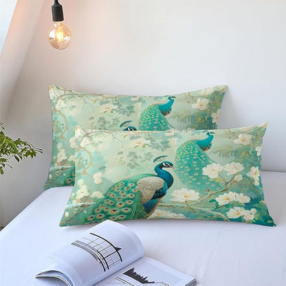 Oriental Peacock Comforter Set Full Size, Green Bird Floral Bedding Set, 3 Pieces Asian Bedroom Decor with 2 Pillowcases/79 * 90