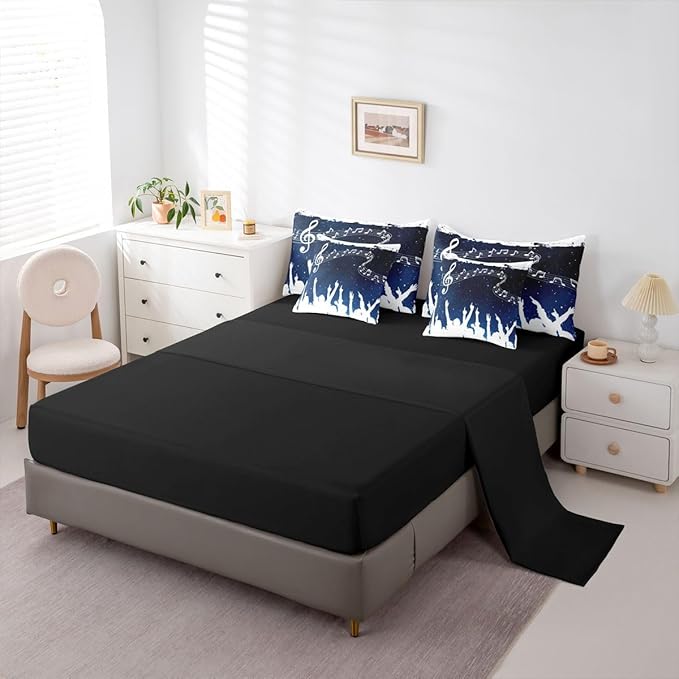 Erosebridal Music Note Stave White Blue King 7-Piece Comforter Set | Starry Sky Sheets and Pillowcases Piano Swirl Guitar Bed in A Bag Aesthetic Kids Adults Bed Sets