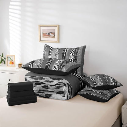 Erosebridal Animal Skin Pattern White Black Geometric Full Comforter Set 7 Pieces | Leopard Print Stripe Bed in A Bag for Bedroom Cheetah Fur Bedding Set with Comforters Women Men Adults Room Decor