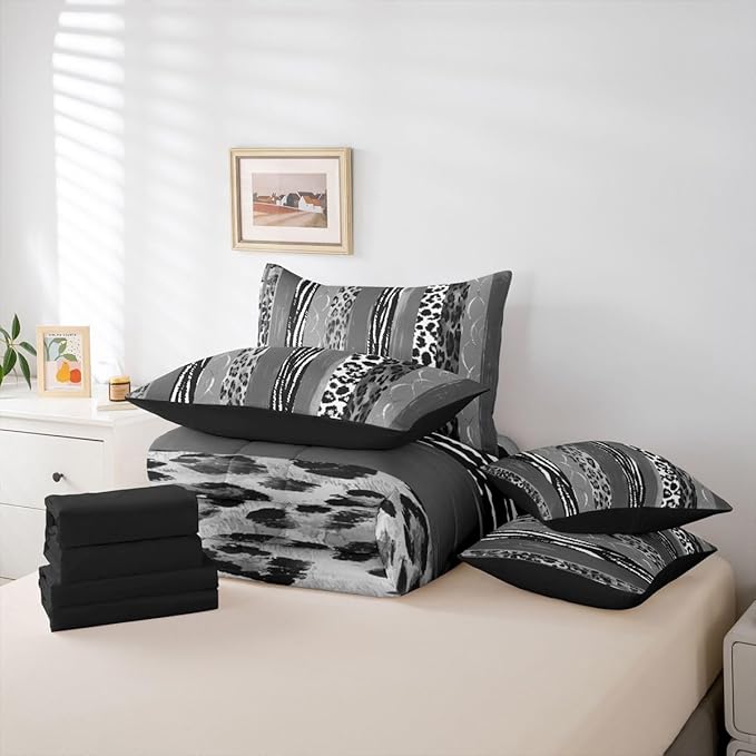Erosebridal Animal Skin Pattern White Black Geometric King 7-Piece Comforter Set | Leopard Print Stripe Sheets and Pillowcases Cheetah Fur Bed in A Bag Women Men Adults Bed Sets
