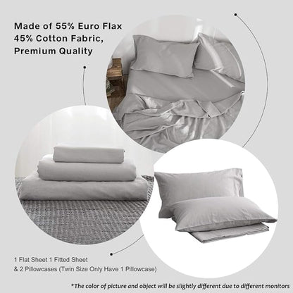 Simple&Opulence Belgian Linen Sheet Set Solid Color - 3 Pieces (1 Flat Sheet, 1 Fitted Sheet & 1 Pillowcase) Natural Flax Cotton Blend Soft Breathable Farmhouse Bedding - Twin Size, Grey