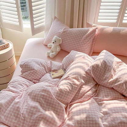 Nayoroom Pink Gingham Comforter Set King Size Plaid Checkered Comforter 3 Pcs Soft Lightweight Grid Farmhouse Dorm Bedding Set for All Seasons (1 Comforter, 2 Pillowcases)