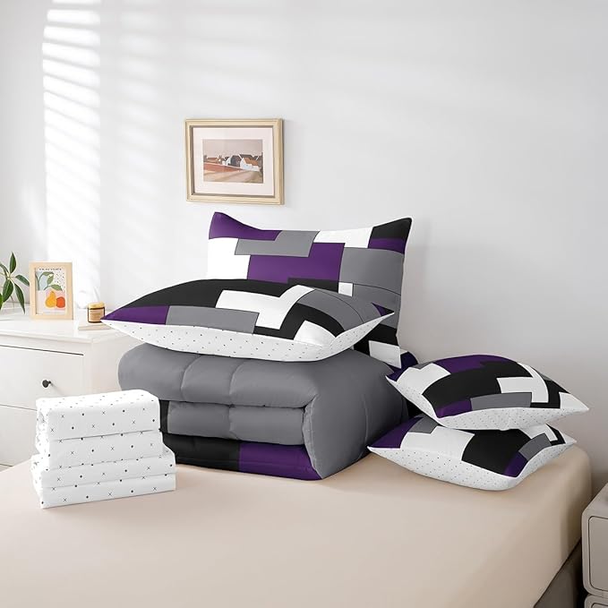 Erosebridal 7 Pcs Geometric Comforter Set Full Size,Square Bed in a Bag with Flat Fitted Sheet for Kids and Adults,Purple Black White Abstract Art Bedding Set with Pillowcases and Cushion Cases
