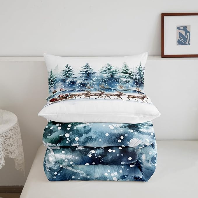 Santa Claus Comforter Set Queen Size,Elk Sledge Bedding Set 3Pcs for Kids Boys Girls Teens Room Decor,Pine Tree Jungle Quilt Set Winter Snowflake Blue White Duvet Insert,2 Pillowcases