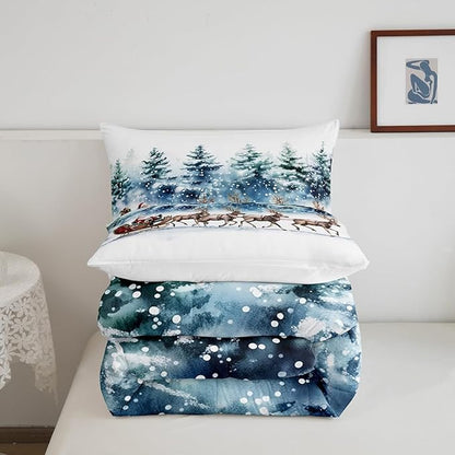 Santa Claus Comforter Set Queen Size,Elk Sledge Bedding Set 3Pcs for Kids Boys Girls Teens Room Decor,Pine Tree Jungle Quilt Set Winter Snowflake Blue White Duvet Insert,2 Pillowcases