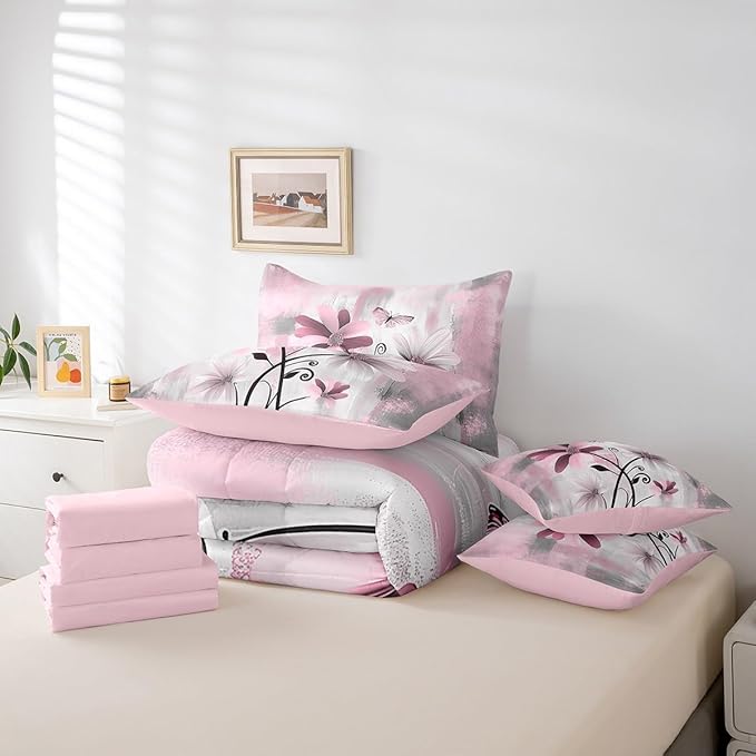 Feelyou Girls Daisy Flower Comforter Set with Sheets Full Size 7 Pieces Kids Vintage Floral Butterfly Bedding Set for Boys Women Teens Pink White Grey Simple Modern Abstract Art Bed in a Bag