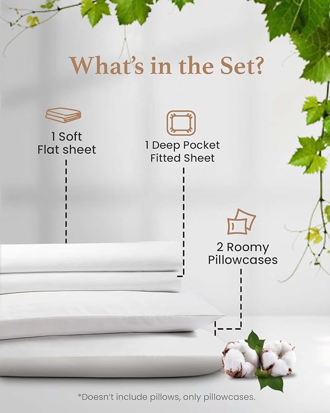Good Sleep Bedding Olympic Queen Sheets Set, 100% Egyptian Cotton, Luxury 4 Pc Super Queen Sheets Sets, Breathable, Snug Fit, 16" Deep Pocket Fitted Sheet, 2 Pillowcases & 1 Flat Sheet, White