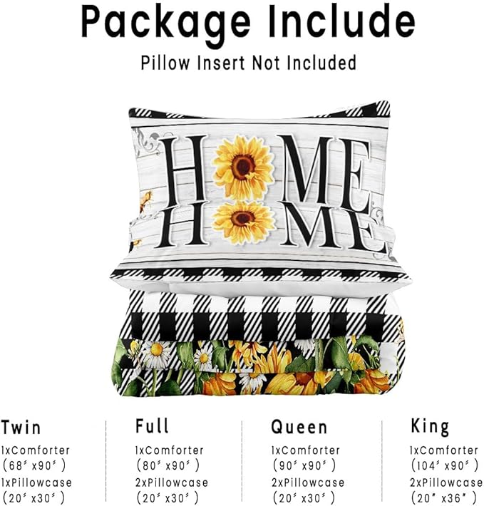 Spring Sunflower Comforter Set King Size Black and White Buffalo Plaid Printed Quilt Bedding Set with 1 Comforter and 2 Pillow Covers for Bedroom Dormroom All Season