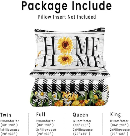 Spring Sunflower Comforter Set Queen Size Black and White Buffalo Plaid Printed Quilt Bedding Set with 1 Comforter and 2 Pillow Covers for Bedroom Dormroom All Season
