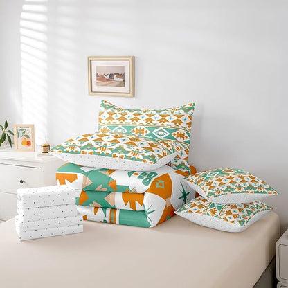 Erosebridal Western Bed in a Bag King Size Comforter Set 7 Pieces,Geometric Triangle Bedding Sets Vintage Indian Tribe Geometric Sheet Set with Comforter