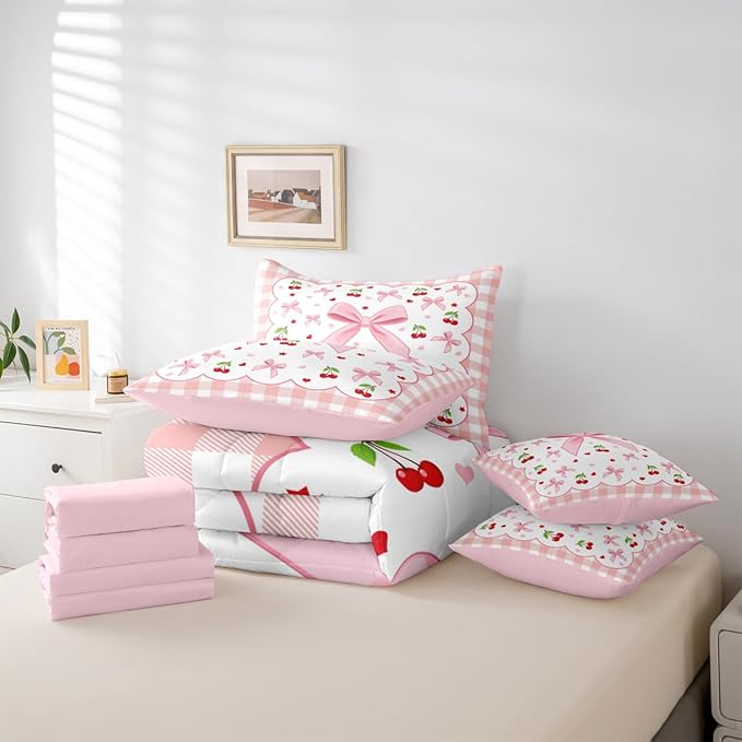 Erosebridal Bow Cherry Plaid Pink Girls Kids Full Comforter Set 7 Pieces | Bowknot Fruits Kawaii Bed in A Bag for Bedroom Checkered White Red Bedding Set with Comforters Teens Women Room Decor