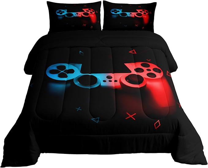 Erosebridal Gaming Comforter Set Twin Size for Boys Kids Game Room Decor Video Game Gamer Comforter Man Teens Bedroom Gamepad Bedding Set All Season,Black Blue Red