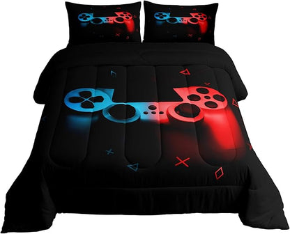Erosebridal Gaming Comforter Set Twin Size for Boys Kids Game Room Decor Video Game Gamer Comforter Man Teens Bedroom Gamepad Bedding Set All Season,Black Blue Red
