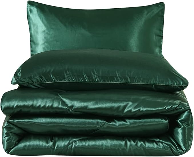 NTBED Silky Satin Comforter Set Queen Dark Green, Soft Lightweight Microfiber Luxury Sexy Quilted Bedding Sets with 2 Matching Pillow Covers for Summer Spring Autumn