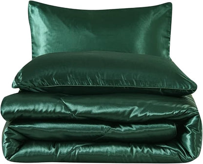 NTBED Silky Satin Comforter Set Queen Dark Green, Soft Lightweight Microfiber Luxury Sexy Quilted Bedding Sets with 2 Matching Pillow Covers for Summer Spring Autumn