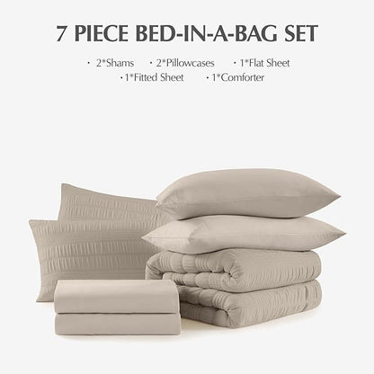 CASAAGUSTO Queen Comforter Set, 7 Pieces Oatmeal Seersucker Bed in a Bag Queen Size Soft All Seasons, Bedding Sets with Comforter, Flat Sheet, Fitted Sheet, 2 Pillow Shams, 2 Pillowcases