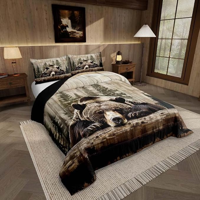 Feelyou Grizzly Bear Comforter Set Toddler Size, Wild Animal Hunting Quilt Set with 1 Pillowcases, Western Cabin Bedding Set 2pcs Kids Boys Teens Room Decor, Rustic Country Farmhouse Duvet Insert