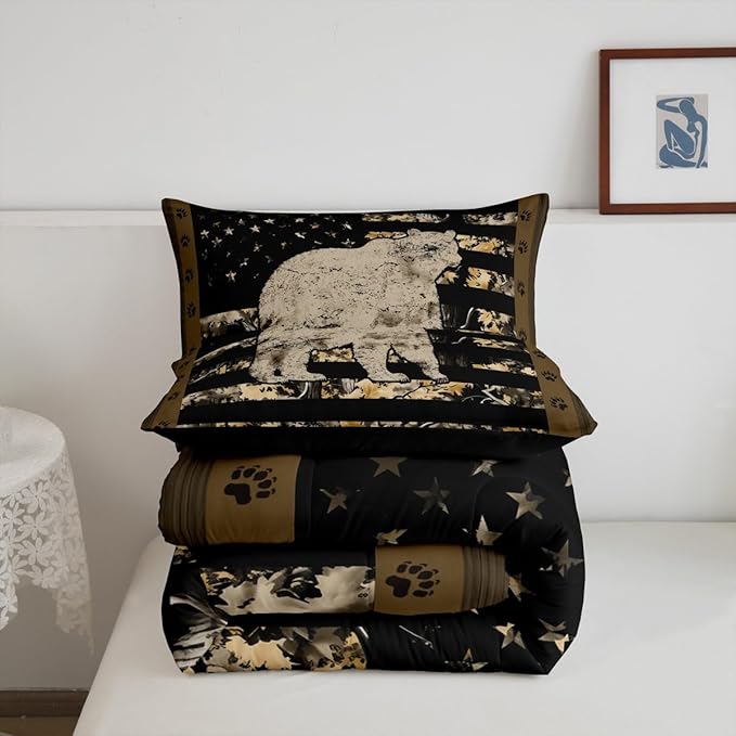 Feelyou Gray Bear Bedding Set Wild Animal Comforter Set for Kids Boys Girls Camo Tree Branches Comforter American Flag Quilt Set with 1 Pillowcase 2Pcs Bedding Twin