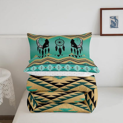 Erosebridal Wolf Bedding Set Twin Moon Dream Catcher Quilt,Southwestern Native Ethnic Tribal Arrow Aztec Comforter Set Western Boho Duvet Insert,Exotic Nordic Style Wild Animals Bohemian Decor,Green