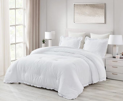 Chezmoi Collection Nora White Comforter Set Queen Size 3-Piece Lightweight Fluffy Soft Stone-Washed Ruffled Shabby Chic Bedding for All Season